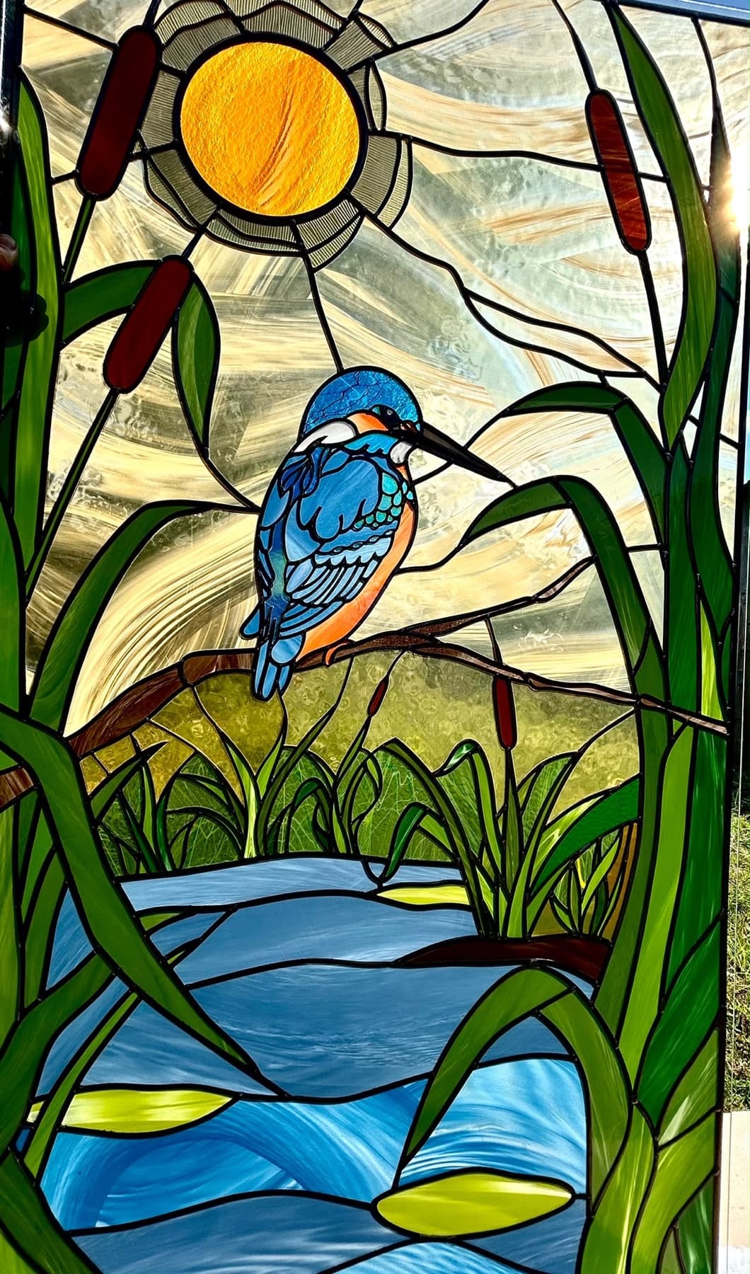 Kingfisher stained glass door panel